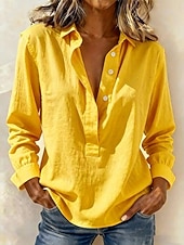 billige Enkle bluser-Dame Popover skjorte Sommerskjorte Uformell skjorte Bluse Knapper Helfarge Mote Fritid Langermet Aftæpning Vanlige topper Daglig Strand Ferie Blå Hvit Gul Rosa Grønn Vår Høst