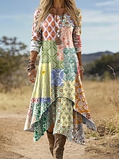 baratos Vestido Boho-Vestido Midi Feminino Boho Vestido Shift Casual Diário Férias Ajuste Solto Gráfico Geométrico Paisley Manga Longa Decote Redondo Amarelo Claro Verde Claro Fúcsia Marrom Verão Primavera Outono