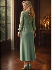 abordables Conjuntos de vestidos para mamá-Conjuntos de vestidos Vestido de invitada de boda largo hasta el suelo Vestido de la madre de la novia Manga larga Cuello redondo Elegante Simple Invitada de boda con color sólido