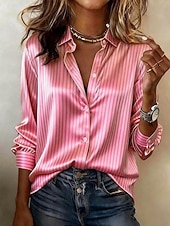 economico Bluse a righe e geometriche-Per donna Camicia Bottoni Stampato Grafico A righe Elegante Moderno Casual Manica Lunga Colletto a Camicia Top Regolari Quotidiano Lavoro Blu Giallo Rosa Verde Beige Primavera Autunno Inverno