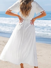 abordables Vestidos de playa-Mujer Vestido maxi Vestido blanco Vestido de verano Elegante Moda caliente Diario Exterior Playa Ajuste regular Plano Manga Corta Escote en Pico Blanco Verano Primavera