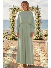 cheap Mom's Jumpsuits-Jumpsuits Floor Length Wrap Dress Mother of the Bride Dress Long Sleeve Boat Neck Elegant Minimalist Formal Wedding Guest with Bandage Solid Color