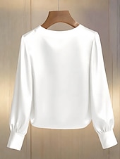 baratos Blusas Elegantes-Mulheres Blusa Com Miçangas Côr Sólida Elegante à moda Manga Longa Gola Redonda Tops regulares Diário Trabalho Preto Branco Verde Damasco Primavera Outono