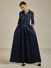  Dam Maxiklänning A linjeklänning Fit And Flare Klänning Elegant party Formell Kvällsfest Paisley 3/4 ärm Tröjkrage Marinblå