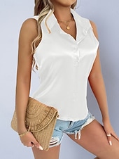 billige Enkle bluser-Dame Skjorte Sateng skjorte Bluse Ermeløs skjorte Knapper عادي Stilfull Klassisk Moderne Ermeløs Skjortekrage Vanlige topper Daglig Ferie Ut på byen Svart Hvit Lilla Grønn Sommer Vår
