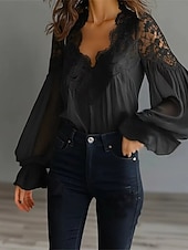 voordelige Kant Tops-Dames Kanten overhemd Blouse Kant Lapwerk Effen Kleur Elegant Stijlvol Basic Lange mouw V-hals Normale tops Dagelijks Uitgaan Zwart Wit Zomer Lente Herfst