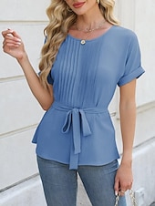 preiswerte Einfache Blusen-Damen Popover-Hemd Sommerhemd Freizeithemd Bluse Gerafft Schnürung Einfach Elegant Stilvoll Basic Kurzarm Rundhalsausschnitt Normale Oberteile Täglich Strand Ferien Blau Schwarz Weiß Grün Sommer