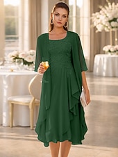  Duas Peças Linha A Até os Joelhos Vestido de convidada de casamento Vestido Para Mãe dos Noivos Sem Manga Scoop pescoço Elegante Convidado do casamento Festa de Casamento Chiffon Renda Vestidos de