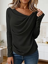 preiswerte Einfarbiges T-Shirt-Damen Tunika T Shirt Einfarbig Elegant Stilvoll Basic Langarm Wasserfallausschnitt Asymmetrischer Ausschnitt Normale Oberteile Täglich Blau Schwarz Weiß Purpur Khaki Frühling Herbst Winter