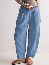 voordelige Bodems-Dames Broek met linnenlook Zomerbroek Wijde broek Harembroek Vakantie Modieus Basic Volledige lengte Natuurlijk Effen Zak Elastische taille Comfort Sneldrogend Zacht Inelastisch Streetwear Strand