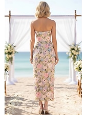 cheap Semi-formal / Cocktail-Sheath Column Ankle Length Wedding Guest Dress Wedding Guest Dresses Elegant Sleeveless Strapless Wedding with Embroidered Flower