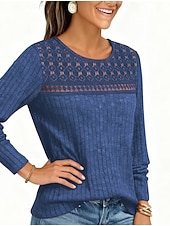 olcso Egyszerű póló-Női Ribos kötött topok Póló Fűzőlyuk Szüret Alkalmi Hosszú ujj Terített nyak Kerek Normál felsők Napi Alkalmi Hétvége Medence Gesztenyebarna Fekete Bor Katonai zöld Tavasz Ősz