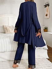 cheap Women's Sleepwear-Women's Loungewear Robe Pajama Set Fashion Luxury Casual Pure Color Lace Elastic Waist Pant Home Vacation Long Sleeve V Neck Black Pink Wine Navy Blue Summer Spring Fall Regular Fit