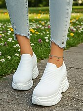 billiga Damsneakers-vita stickade slip-on-platåskor med kilklack för kvinnor – bekväma, grova athleisure-skor för dagliga promenader, ärenden och resor