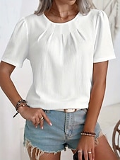 olcso Egyszerű póló-Női Póló Tee Top Fodrozott Tömör szín Divat Klasszikus Alkalmi Rövid ujjú Terített nyak Normál felsők Napi Alkalmi Hétvége Fekete Fehér Nyár Tavasz