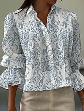 abordables Blusas Sencillas-Mujer Camisa Volante Floral Graphic Elegante Bohemia Vintage Manga Larga Cuello Camisero Tops regulares Diario Trabajo Festivos Azul Piscina Blanco Naranja Beige Verano Primavera