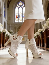 cheap Bride-Women's White Lace Wedding Heels with Buckle Strap – Elegant Open-Toe Platform Shoes for Indoor Weddings and Special Occasions