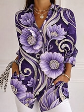 זול חולצות פרחוניות-בגדי ריקוד נשים חולצה כפתורים דפוס Ombre פרחוני גראפי אלגנטית וינטאג' מסוגנן שרוול ארוך צווארון חולצה חולצות רגילות יומי עבודה פול שחור סגול כתום אביב סתיו חורף