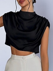 preiswerte Schicke Blusen-Damen Hemd Satinhemd Bluse Wickel-Crop-Top Gerafft Einfach Vintage Stilvoll Klassisch Kurzarm Hoher Ausschnitt Crop Tops Täglich Ferien Ausgehen Schwarz Weiß Marineblau Braun Grün Frühling Herbst
