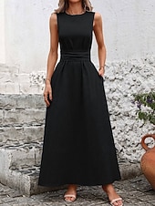 tanie Biała sukienka-Damskie Sukienka maxi Sukienka A line Urlop Codzienny Na zewnątrz Wyjściowe Luźny / a Jednokolorowe Bez rękawów Wycięcie pod szyją Granatowy Czarny Czerwony Zielony Lato Wiosna