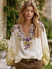 Недорогие Основные искусственные рубашки-Блуза для женщин из льняного материала дышащая легкая цветочный графический рисунок элегантная богемия винтажная длинный рукав V-образный вырез повседневная праздничная сборка заплатка вышивка синий