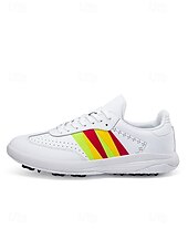 cheap Men's Golf Shoes-Men's White Golf Sneakers, Athletic Lace-Up Design with Color Stripe Detail, Shock-Absorbing Sole, Modern Sport Style for Golf Courses