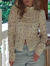 economico Top in Pizzo-Per donna Camicia Camicia di Pizzo Blusa Pizzo Patchwork Bottoni Semplice Elegante Vintage Quotidiano Manica Lunga Manica a Palloncino Collo Alto Top Regolari Quotidiano Lavoro Ferie Nero Bianco