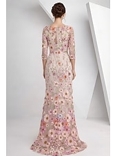 cheap Floor Length-A-Line Floor Length Mother of the Bride Dress Half Sleeve V Neck Elegant Vintage Formal Lace Tulle with 3D Flowers Embroidery Flower