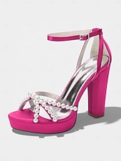 cheap Bride-Women's Ivory Platform Chunky Block Heel Sandals, Pearl-Embellished Ankle Strap Bridal Shoes for Church Weddings