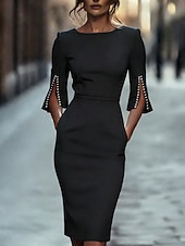 abordables Vestido Sencillo-Mujer Vestido Midi vestido de trabajo Corte Bodycon Vestido de cambio Elegante Moda Moderno Exterior Oficina Vacaciones Ajuste regular Plano Media Manga Cuello Barco Negro Blanco Rosa Verano Primavera