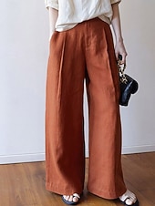abordables Bas-Femmes Pantalon effet lin Jambe large Chinos Pantalon d'été Vacances Streetwear Occasionnel Longueur complète Taille moyenne Uni Avec Poches Confortable Confort Micro-Élastique Quotidien Extérieur