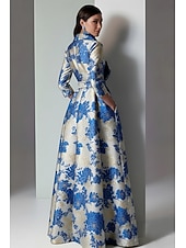 halpa A-linjaiset iltapuvut-A-linja Kokopitkä Iltapuku Tyylikäs Kimalteleva Silkkinen Pitkähihainen Paitapuserokaula-aukko Puutarhajuhlat Häät Tasku Jakardi kanssa Kukkapainatus Rusetti(rusetit) Halkio