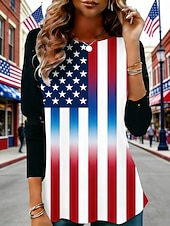  День независимости США Жен. Футболка С принтом Графика Флаг Мода Стиль Классика Длинный рукав Вырез под горло Обычные топы Повседневные выходные Одежда для отпуска Красный Лето Весна Осень