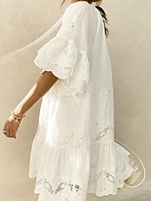 olcso Fehér csipke ruhák-Női Midi ruha Csipkeruha Fehér ruha hétköznapi ruha Elegáns Divat Modern Szabadtéri Vakáció Alkalmi Vékony Sima Rövid ujjú Hasított nyak Fehér Nyár Tavasz