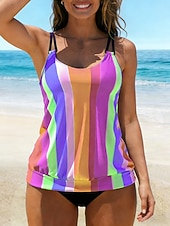 Χαμηλού Κόστους Τανκίνι-Γυναικεία Μαγιό τανκίνι 2 κομμάτι Αντρικά σλιπ Μαγιό Κουρελού Διακοπές Ρούχα παραλίας Γραφική Ριγέ Λαιμός σέσουλα Αμάνικο Μαγιό