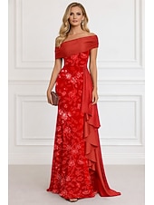 billiga Ballgowns för kvällsbruk-A-linje Golvlång Kvälls klänningar Balklänning med överkjol Formell klädsel Elegant Kändis Stil Ärmlös Över axeln Trädgårdsfest Bröllop Chiffong Satäng med Pärlor Veckad Krusad