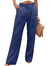 preiswerte Wesentliche Falsche Unterteile-Damen Kunstbaumwollleinen Weites Bein Freizeithose Sommerhose Urlaub Streetwear Basic Volle Länge Mittlere Taillenlinie Einfach Tasche Atmungsaktivität Bequem Unelastisch Täglich Outdoor Urlaub Blau