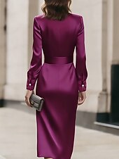 billiga Enkel klänning-Dam Midiklänning Satängklänning Festklänning Elegant Mode Modern Utomhus Semester Fest Normal Slät Långärmad V-hals Purpur Sommar Vår Höst