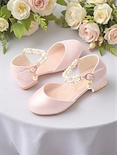 abordables Enfants &amp; Fille de Fleurs-Chaussures de demoiselle d'honneur pour enfant, couleur ivoire, ornées de perles et de strass, avec bride cheville et petit talon rembourré. Élégantes chaussures de princesse, parfaites pour les