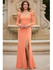 billiga Kjolklänningar för kväll-Åtsmitande Golvlång Formell klädsel Aftonklänning Balklänningar Elegant Långärmad Fyrkantig hals Formell Bröllopsgäst med Rosett(er) Slits