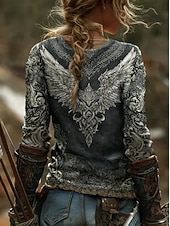 preiswerte Boho-T-Shirt-Damen Boho VIKING T-Shirt Grafik Vintage Bohemia Vintage Mode Lange Ärmel Rundhals V-Ausschnitt Reguläre Oberteile Täglich Wochenende Druck Dunkelgrau Sommer Frühling