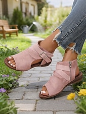 abordables Sandales Plates-Sandales à bout ouvert en imitation daim pour femme, fermeture éclair à l'arrière – style décontracté chic, confort optimal pour la marche, les voyages, le week-end, le jardinage et le quotidien