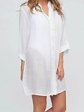baratos Vestidos de Praia-Mulheres Minivestido Vestido branco vestido de praia Cobertura Elegante Moda Clássico Diário Escritório Praia Ajuste Largo Tecido Manga 3/4 Gola Redonda Branco Verão Primavera