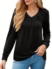 voordelige Effen t-shirt-Dames T-shirt Met ruches Effen Modieus Klassiek Casual Lange mouw V-hals Normale tops Dagelijks Uitgaan Weekend Zwart Wit Blozend Roze Leger Groen Lente Herfst