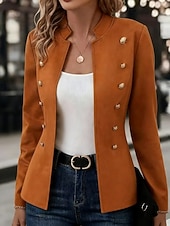 preiswerte Freizeitjacken-Damen Blazer Outdoor Stehkragen Knöpfe Einfarbig Atmungsaktiv Mode Normale Passform Oberbekleidung Langarm Herbst Schwarz S