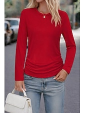 お買い得  プレーンTシャツ-女性用 ティートップ 純色 ヴィンテージ ファッション カジュアル 長袖 クルーネック レギュラートップス 日常 お出かけ ブルー ブラック ホワイト ルビーレッド カーキ色 春 秋 冬