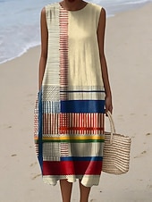 cheap Stripe&amp;Geometric Dress-Women's Midi Dress Linen Like Shift Dress Casual Beach Going out Loose Fit Graphic Geometric Sleeveless Crewneck Blue Light Yellow Yellow Purple Summer Spring