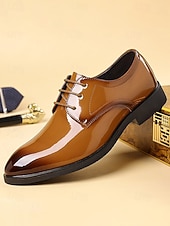 abordables Zapatos Derby-Zapatos de vestir de charol marrón brillante para hombre, elegantes zapatos formales para bodas, ideales para novios, padrinos de boda e invitados a la boda, cómodos y elegantes para ocasiones formales de boda.