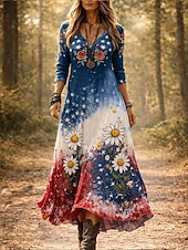  Unabhängigkeitstag Patriotisches Damen Midi Kleid Sheath Kleid Lässig Date Reguläre Passform Floral Grafische Flagge Lange Ärmel V-Ausschnitt Blau Frühling Herbst Winter