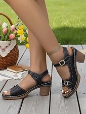 cheap Women-Women's Red Block Heel Open-Toe Sandals – Vintage-Inspired Buckle Strap Comfort Heels for Resort Dinners, Vacation Parties, Summer Events, City Walks &amp; Holiday Outfits